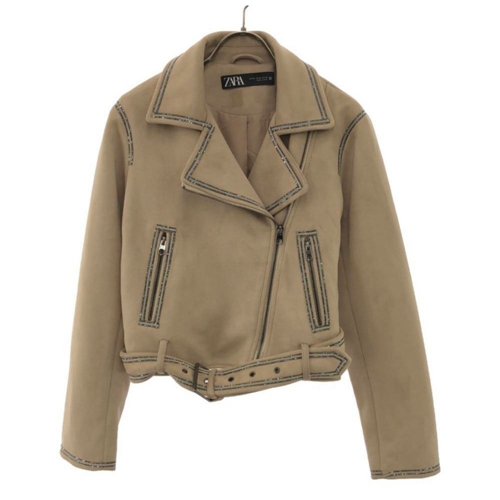 Zara cropped moto jacket coat rhinestones trim beige faux suede M